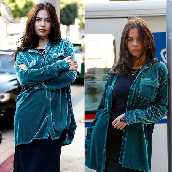 Teal Corduroy Velvet Oversized Shirt - Picture 4 of 7